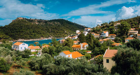 View of beautiful Assos village, Kefalonia island, Greeceの写真素材
