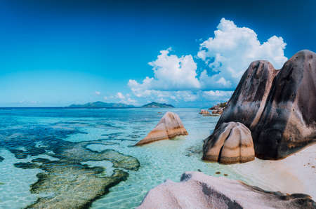 Bizarre huge granite rocks boulders at the famoust Anse Source dArgent beach on island La Digue in Seychelles. Exotic paradise scenery conceptの写真素材
