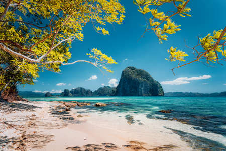Beautiful landscape scenery of El Nido coastline. Unique amazing Pinagbuyutan island in background...