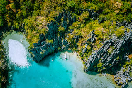 Marine Reserve El Nido Palawan Philippines, aerial view of tropical paradise turquoise lagoon and...