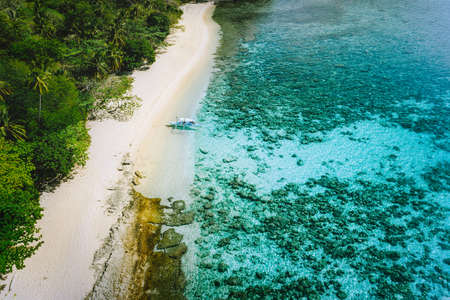Aerial view of tourist boat at tropical sandy beach with coconut palm trees in El Nido, Palawan, Philippines.の写真素材