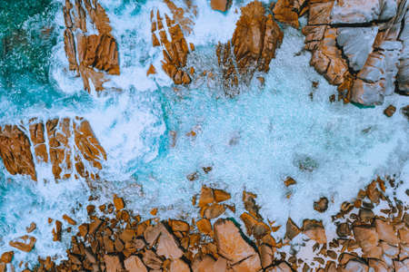 Aerial view of Seychelles Anse Cocos beach at La Digue Island. Pure crystal clear turquoise ocean water and bizarre granite rocks.の写真素材