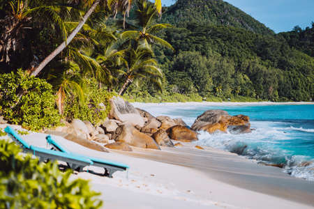 Mahe, Seychelles. Two sun lounger at secluded Anse intendance beach. Ocean waves rolling to shore with white sand and coconut palm trees. Travel recreation conceptの写真素材