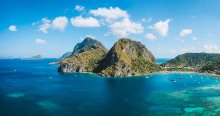 Aerial view of Corong beach lagoon with tourist boats. El Nido village, Palawan, Philippinesの写真素材