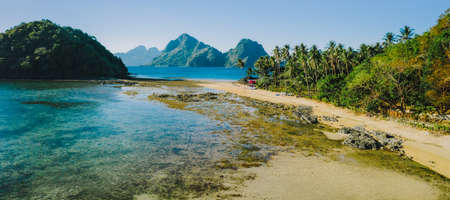 Aerial panoramic view of El Nido coastline. Las Cabanas beach, Palawan, Philippines