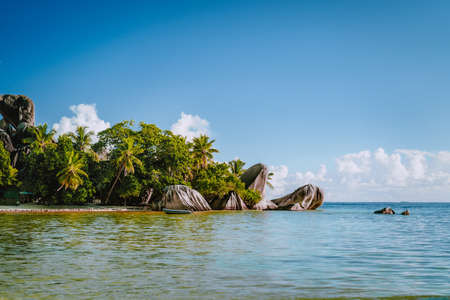 Source d'Argent most famous beach at La Digue island, Seychelles - holiday vacation background.の写真素材