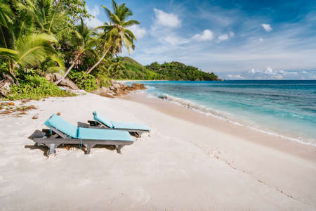 Mahe Island, Seychelles. Holiday vocation on the beautiful exotic Anse intendance tropical beach. Ocean wave rolling towards sandy beach with coconut palm treesの写真素材