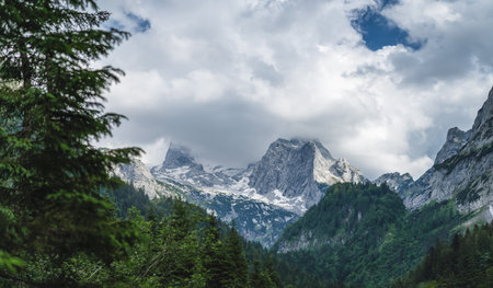 The Dachstein mountain range and visible glacier ice during summertime at Gosau, Upper-Austria, Europeの写真素材