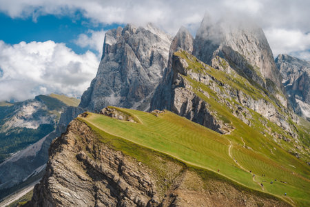 Beautiful landscape of Seceda peak in Dolomites Alps, Odle mountain range, South Tyrol, Italy, Europeの写真素材