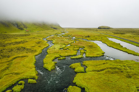 Aerial view of Iceland landscape over the Foss river. Scandinavian amazing nature