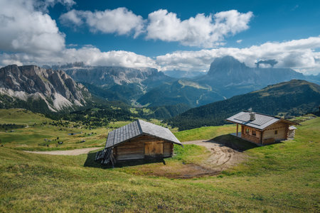 Hats for resting during the hike on Seceda plateau in Dolomites Alps, Odle mountain range, South Tyrol, Italy, Europeの写真素材