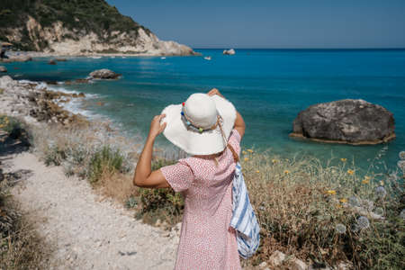 Milos beach near the Agios Nikitas village on Lefkada Ionian island, Greece. Evening sunset golden lightの写真素材
