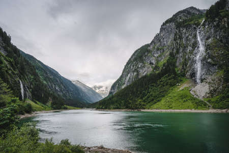 Stillup Lake and mountain alpine waterfalls Austria, Tyrolの写真素材