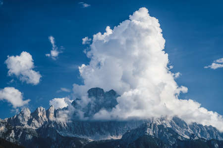Close up of Pale di San Martino in clouds, Italian Dolomites, Italyの写真素材