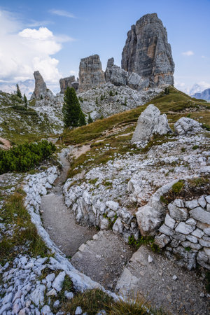 Cinque Torri in Italian Alps Dolomiti during summer season - Trenches from WW1の写真素材