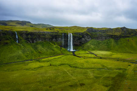 Aerial photo of most visited Seljalandsfoss waterfall, Icelandの写真素材