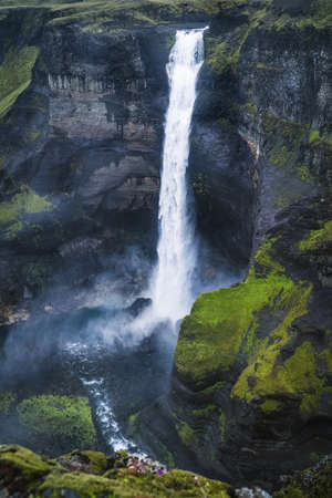 Dramatic close up of Haifoss Waterfall in Landmannalaugar canyon, Icelandの写真素材