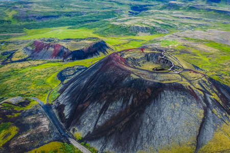 Aerial panoramic views of Grabrok volcano and lava valley from in Icelandの写真素材