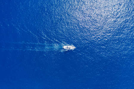 Aerial view of Luxury Sail Yacht in Assos village, Kefalonia Island, Greece