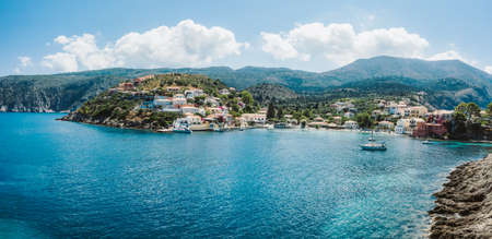 Blue bay of Assos village of Cefalonia island, Greece. Aerial panoramic drone photo travel summer vocation conceptの写真素材