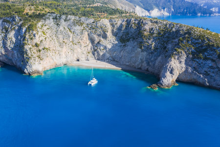 Aerial panoramic view of Assos village coast. Kefalonia island, Greece. Travel summer vocation conceptの素材 [FY310176250504]