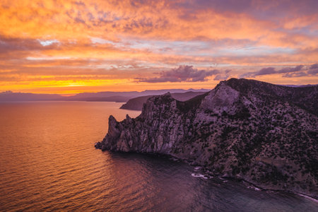 Pink sunset in Novyi Svit in autumn season. Sudak, the Republic of Crimea. Aerial viewの写真素材
