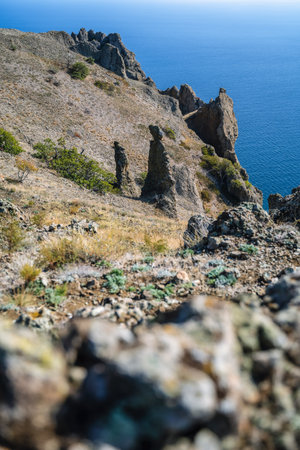 Mysterious part of majestic Karadag volcanic mountain range in Eastern Crimea, on a Black Sea shoreの写真素材