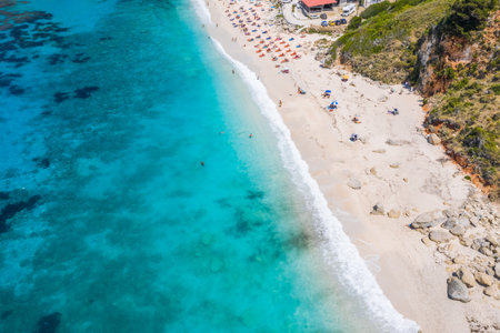 Aerial top down drone photo of Petani beach with beautiful turquoise sea at Cefalonia island, Ionian, Greeceの写真素材