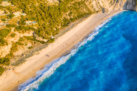 Aerial view of Milos beach near the Agios Nikitas village on Lefkada Ionian island, Greece. Evening...
