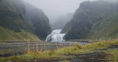 Icelandic waterfall Stjornarfoss near Kirkjubaejarklausturの写真素材