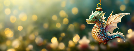Christmas tree decoration - green glass dragon toy the symbol of Chinese New Year in 2024. Holiday celebration background.の素材