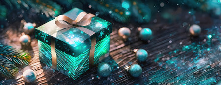 Gift box with golden ribbon on trendy neon color background. Copyspace. Concept sales, discount price, Christmas presents and shopping.の素材