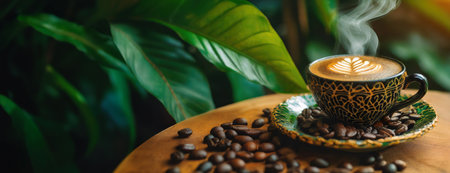A steaming cup of coffee with a latte art design sits amidst fresh coffee beans on a wooden table, enveloped by lush green foliage in the backgroundの素材