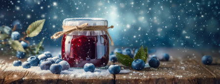 Jar of blueberries jam on a snowy winter background with New Year decorations. Fresh blue berries were dusted with snow. Homemade preparations for the winterの素材