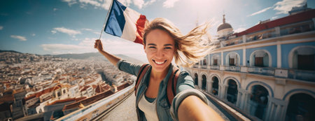 Young woman tourist with French flag enjoying great view on Tower Bridge in Paris. French National Day. Bastille Day. Top view of the city from the roof. Travel destinationの素材