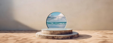 A circular mirror on a sandy beach reflecting a clear ocean view under blue skies.の素材