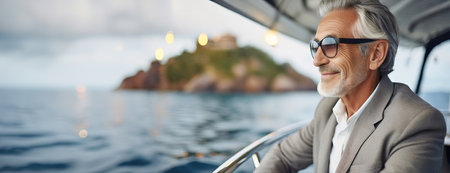 Smiling stylish senior man in sunglasses and suit relaxing on a boat. Portrait of mature businessman on vacation sailing on yacht. Seascape background, panorama with copy spaceの素材