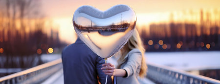 Romantic Couple with Heart Balloon Overlooking City at Sunset. The image captures a couple embracing, their faces obscured by a heart-shaped balloon against a city backdrop during sunset.の素材