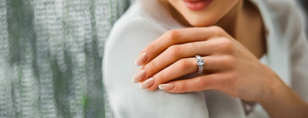 Woman Flaunting Her Elegant Diamond Engagement Ring. Close-up of a woman's hand as she shows off a sparkling diamond ring, symbolizing engagement.の素材