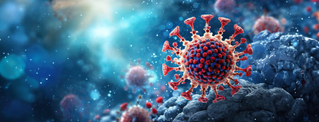 Microscopic Menace Rendered in High Detail. Illustrates a pathogen with prominent spikes on a cellular level, highlighting potential dangers.の素材