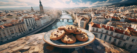 National Cookie Day. Plate with crispy chocolate cookies against historical city center with river background. Homemade freshly baked pastries with top down view of the townの素材