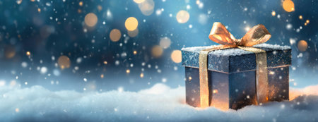 An elegantly wrapped gift box in deep blue with a luxurious golden bow, resting on a blanket of fresh snow under a soft snowfall, illuminated by a warm, bokeh light effect, suggesting a cozy holiday setting.の素材