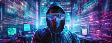 Step into a cyberpunk realm where a hooded figure with futuristic visor glasses stands amidst a neon-drenched data haven, the epitome of digital surveillance and underground expertiseの素材