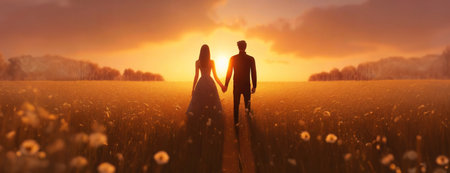 Sunset Embrace in a Blooming Field. Silhouettes of a couple holding hands in a field, the setting sun casting a warm golden light.の素材