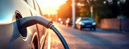 An electric vehicle charges at a station, its power cable connected. The charging cable is securely attached, signifying the car's readiness for an eco-friendly journey. The golden hour illuminates the scene, highlighting the vehicle's sleek design.の素材