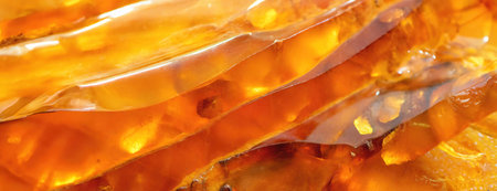 Beautiful bright red-yellow amber background. Luxury texture. Sun stone with bubbles. Petrified resin of ancient fossil trees. Material for jewelers. Natural minerals. Digging. amber. Overflow colorsの素材
