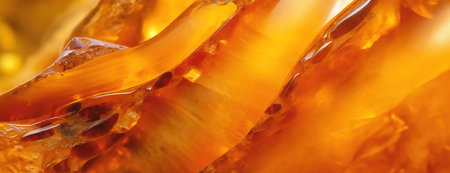Beautiful bright red-yellow amber background. Luxury texture. Sun stone with bubbles. Petrified resin of ancient fossil trees. Material for jewelers. Natural minerals. Digging. amber. Overflow colorsの素材