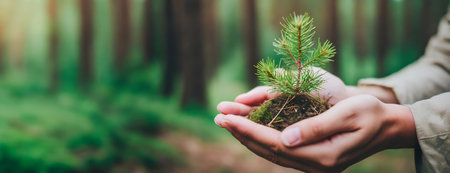 Female hands holding sprout pine tree in nature wild green forest. Earth Day save planet environmental protection concept. Growing seedling reforestation plantingの素材