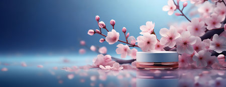 Cherry Blossoms Over Cosmetic Product. Delicate pink flowers bloom over a beauty product, suggesting rejuvenation and soft elegance.の素材