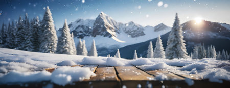 Winter Wonderland Viewed from a Snow-Covered Desk. The scenic beauty of snowy mountains and pine trees captures the essence of a serene winter landscape.の素材